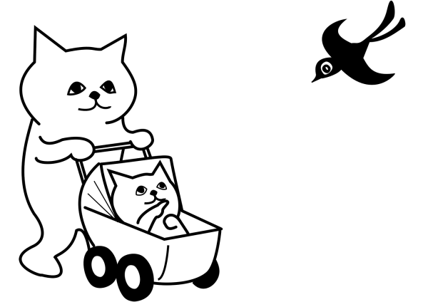 Mother Cat with Kitten in Stroller coloring page image