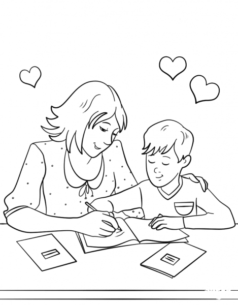 Mother Helping Her Son with Homework coloring page image