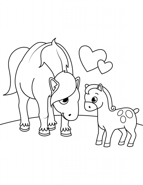 Mother Horse with Foal coloring page image