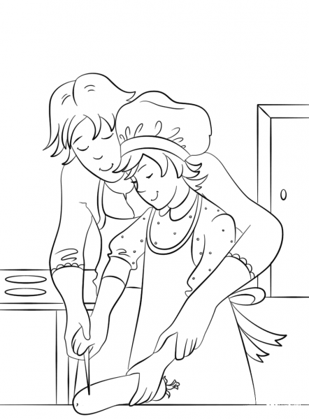 Mother Teaching Her Daughter How to Cook coloring page image
