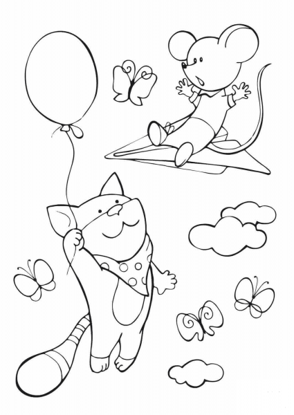 Mouse Takes a Flight on the Paper Plane and a Cat Flies After Him on the Air Balloon coloring page image