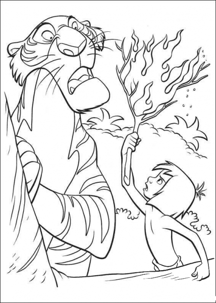 Mowgli Gives A Torch To Shere Khan  coloring page image