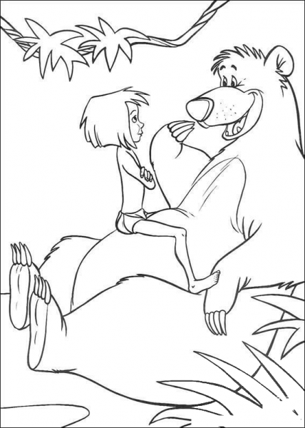 Mowgli Is Sitting On Baloo  coloring page image