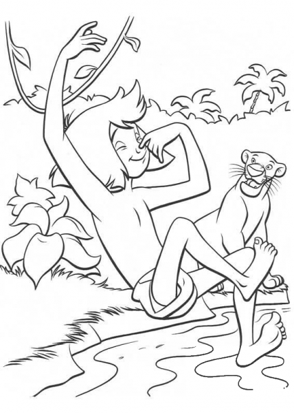 Mowgli Will Swim In The River  coloring page image