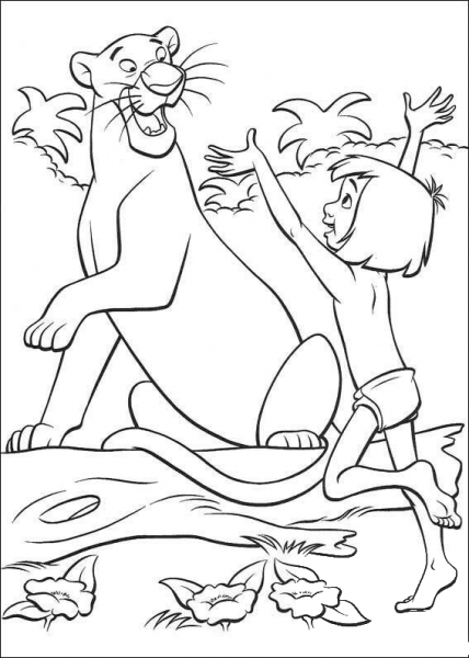 Mowgli With Bagheera  coloring page image