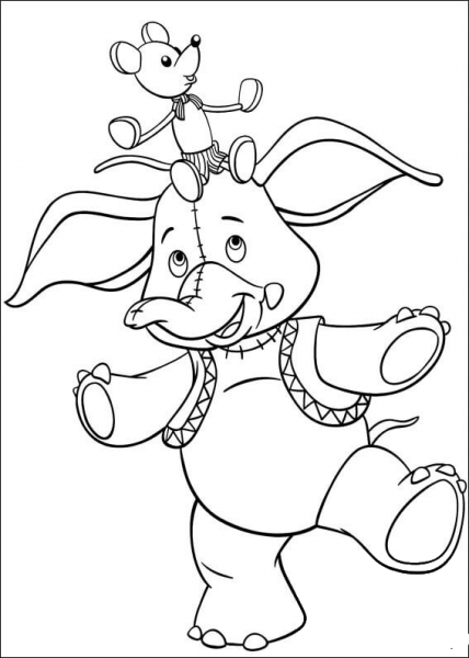 Mr Jumbo elephant and Clockwork Mouse  coloring page image