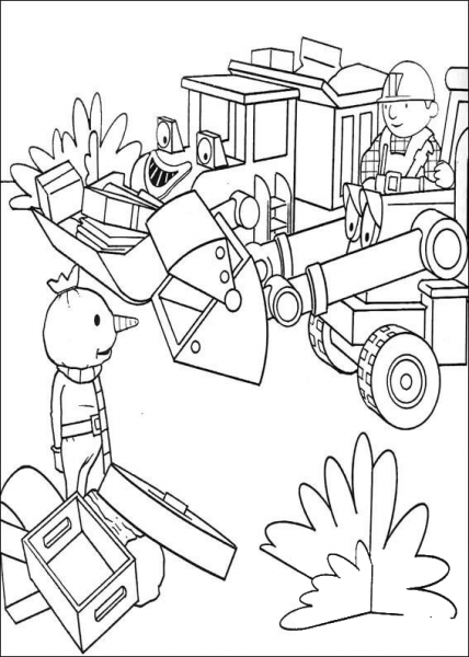 Muck Spud And Scoop Help Bob To Move Some Items  coloring page image
