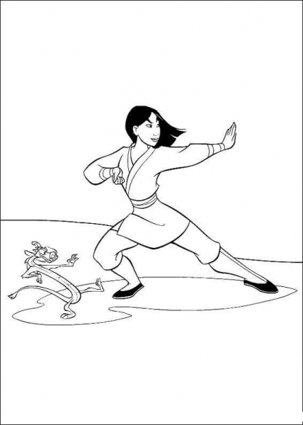 Mulan And Mushu are learning Kung Fu coloring page image