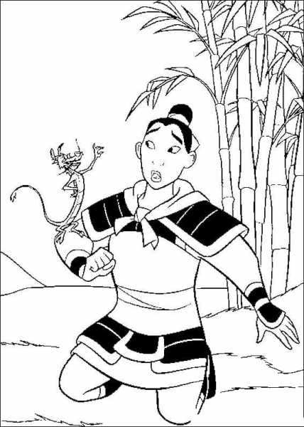 Mulan and Mushu on his hand coloring page image
