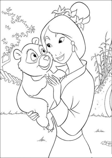 Mulan With a little bear coloring page image