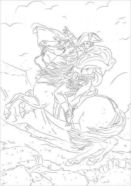 Napoleon Bonaparte crossing the Alps coloring page image