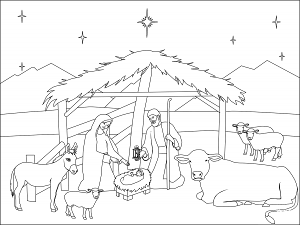 Nativity Scene and Stable coloring page image
