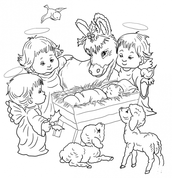 Nativity Scene with Cute Angels and Animals coloring page image