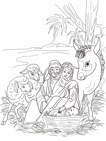 Nativity Scene with Holy Family and Animals coloring page image