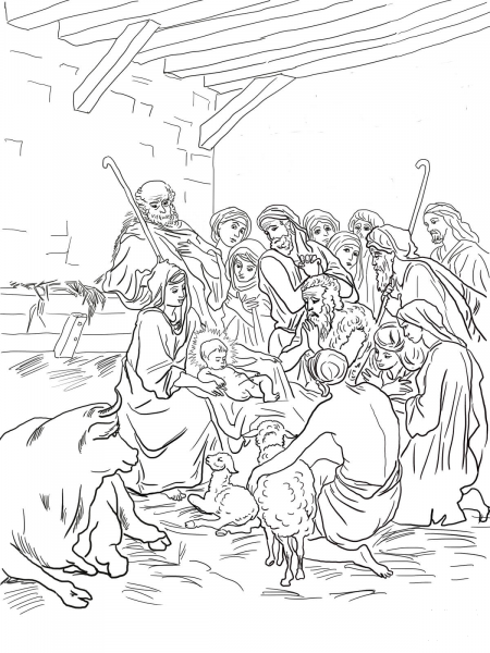 Nativity Scene with Holy Family, Shepherds and Animals coloring page image