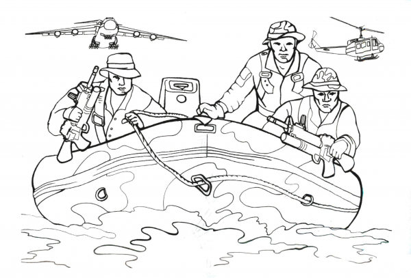 Navy SEALs in Inflatable boat coloring page image