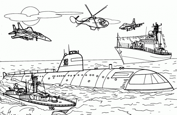 Navy Warships, Sumbarine and Aircraft coloring page image