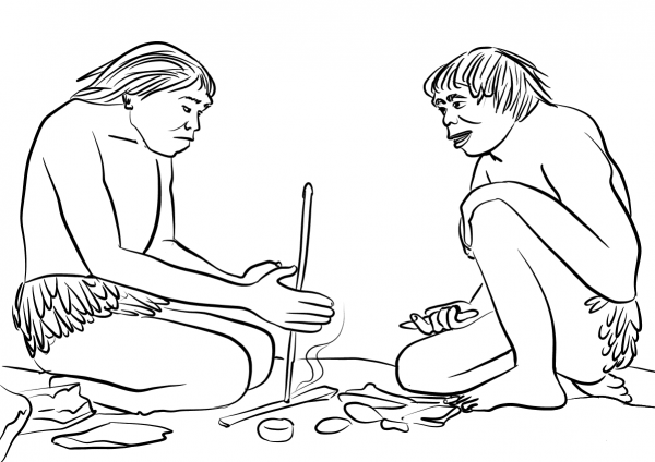 Neanderthals Starting a Fire coloring page image