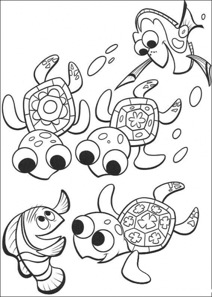 Nemo, Dory And three cute turtles  coloring page image