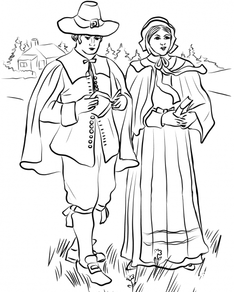 New England Puritan Couple coloring page image