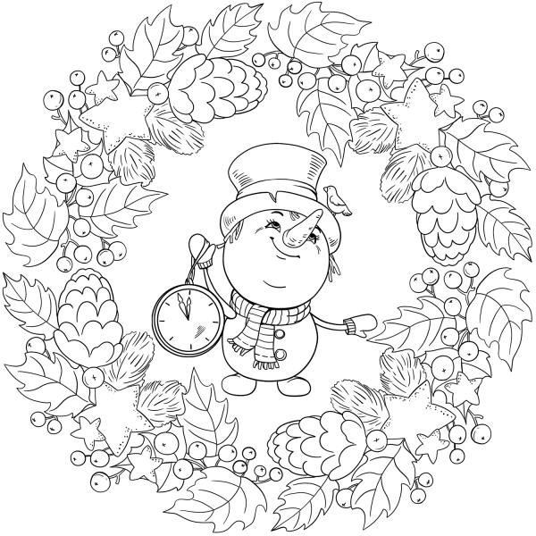 New Year Mandala with a Snowman Holding a Clock coloring page image
