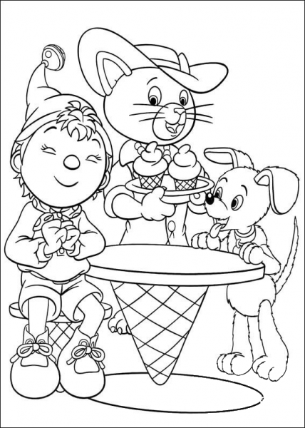 Noddy, Bumpy dog and a cat are about to enjoy ice-cream coloring page image