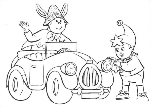 Noddy Cleans the headlamp of the car coloring page image