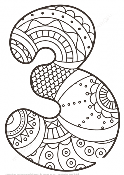 Number 3 Zentangle coloring page image