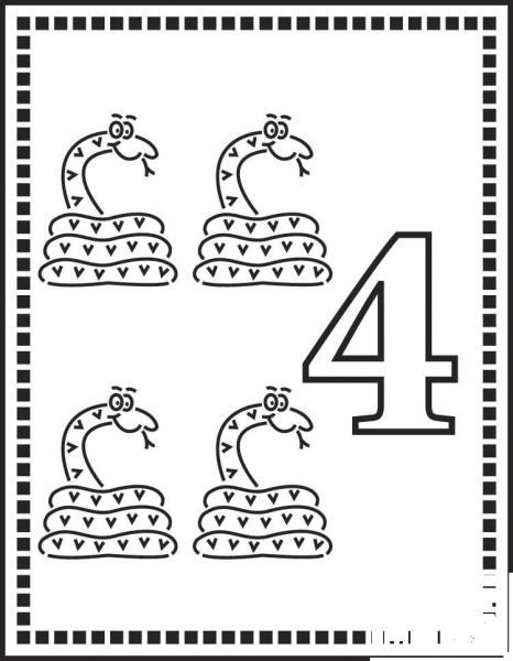 Number 4 Or Four Snakes coloring page image