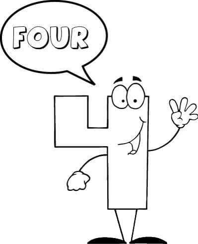 Number 4 Says FOUR coloring page image
