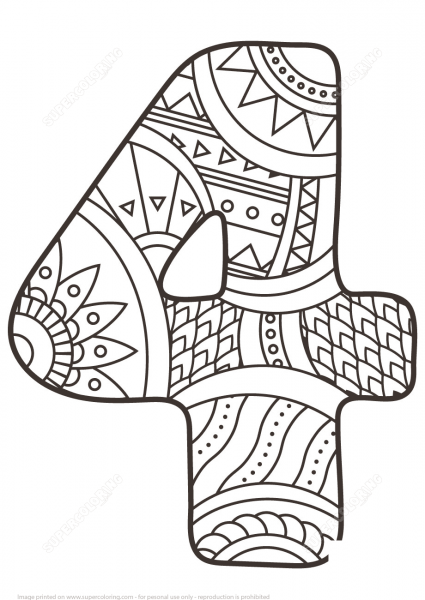 Number 4 Zentangle coloring page image