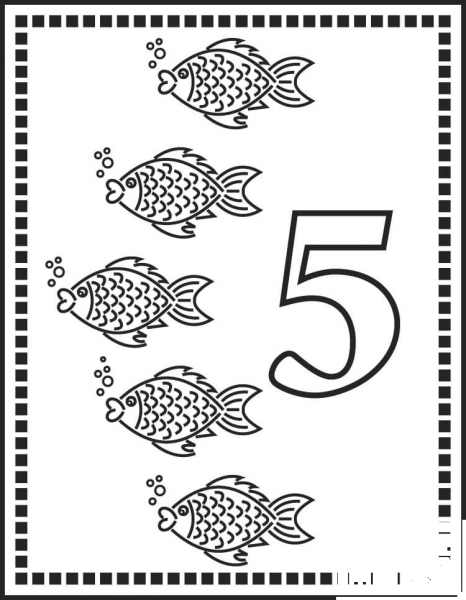 Number 5 Or Five Fishes coloring page image