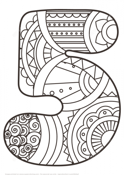 Number 5 Zentangle coloring page image