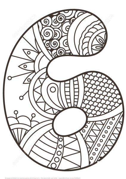 Number 6 Zentangle coloring page image