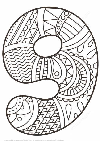 Number 9 Zentangle coloring page image