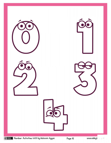 Numbers 0,1,2,3,4 coloring page image