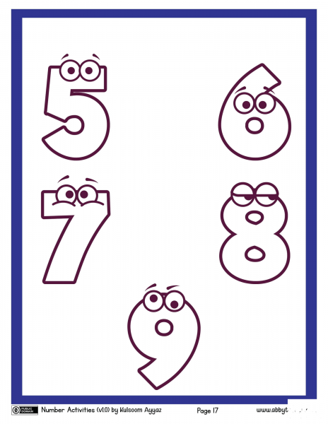 Numbers 5,6,7,8,9 coloring page image