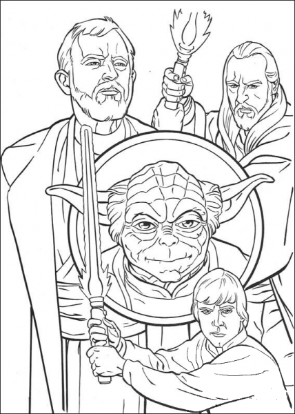 Obi-Wan Kenobi,  Qui-Gon Jinn, Yoda and Luke Skywalker coloring page image