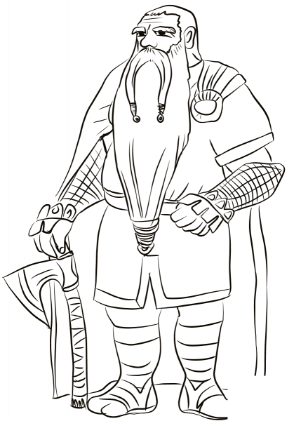 Old Dwarf with Axe coloring page image