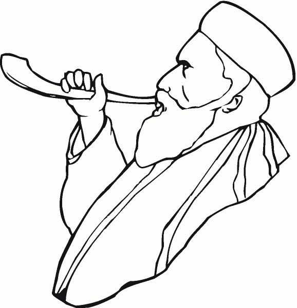 Old man with beard is blowing a horn coloring page image