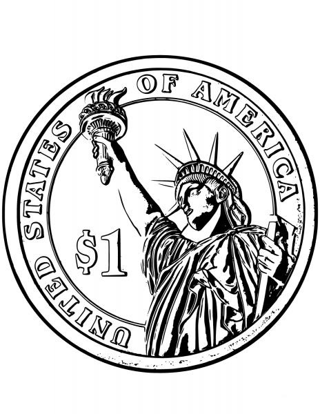 One Dollar Coin with Statue of Liberty coloring page image