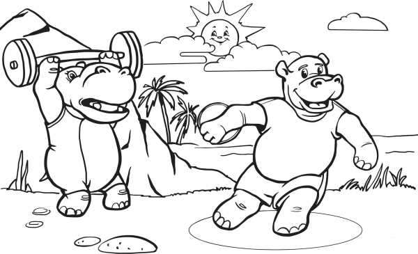 One Hippo is Raising a Barbell While Another One is Throwing a Discus coloring page image