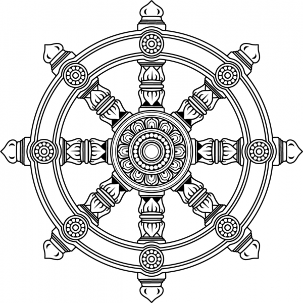Ornate Dharma Wheel Line Art coloring page image