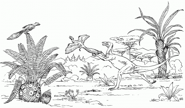 Ornitholestes Chasing Archaeopteryx coloring page image