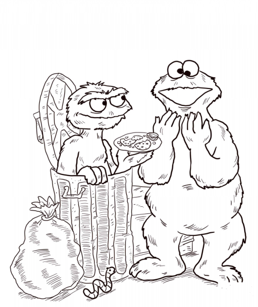 Oscar and Cookie Monster coloring page image