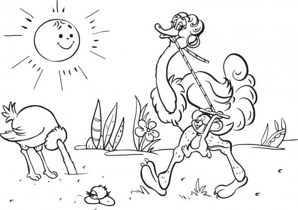Ostrich and Mouse are Running coloring page image