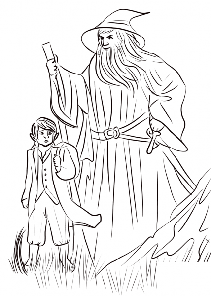 Over Hill, Bilbo and Gandalf coloring page image