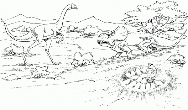 Oviraptor Approaching Protoceratops Nest with Eggs coloring page image