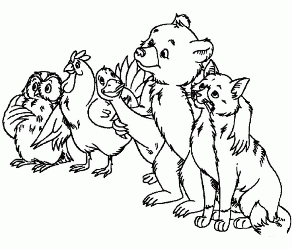 Owl, Hen, Goose, Little Bear And Cat coloring page image