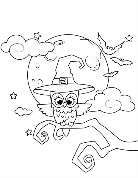 Owl in a Witch Hat coloring page image